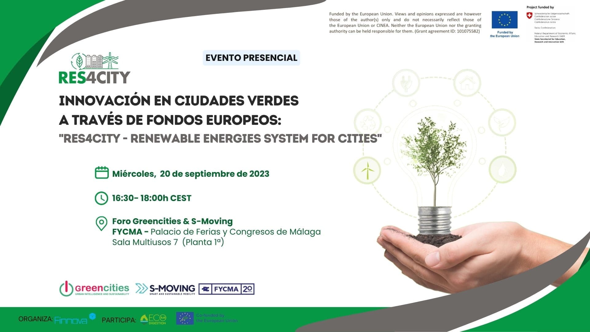 El proyecto RES4CITY “Renewable energies system for cities" estará presente en la Feria Greencities y S-Moving en FYCMA Málaga