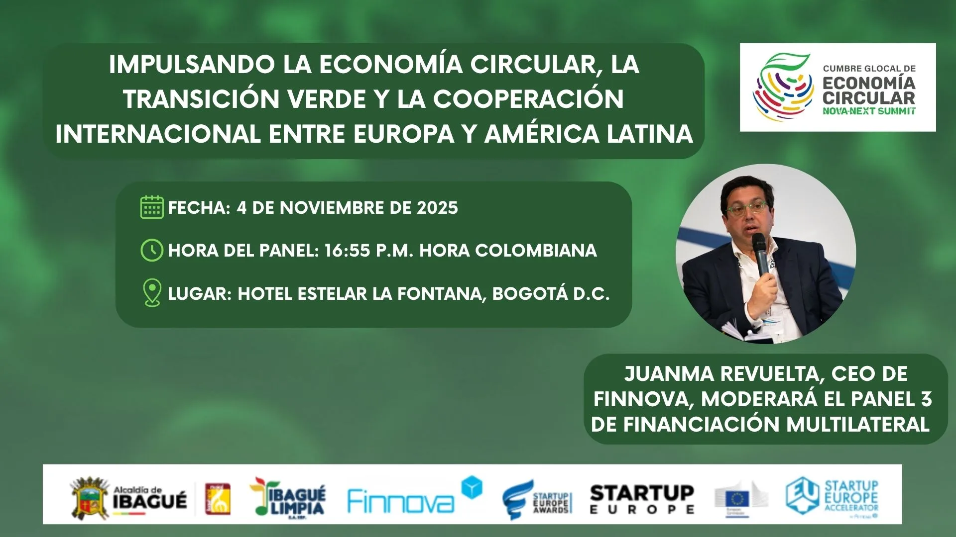 Juanma Revuelta, CEO of the Finnova Foundation, moderates the panel on Multilateral Financing at the Glocal Pre-Summit on Circular Economy – Nova Next Summit